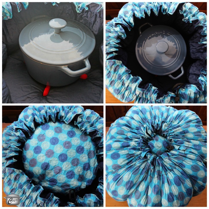 The Wonderbag is easy to use - just set the piping hot pot on a trivet and cinch the bag shut. Leave it alone and in a while your meal is ready!